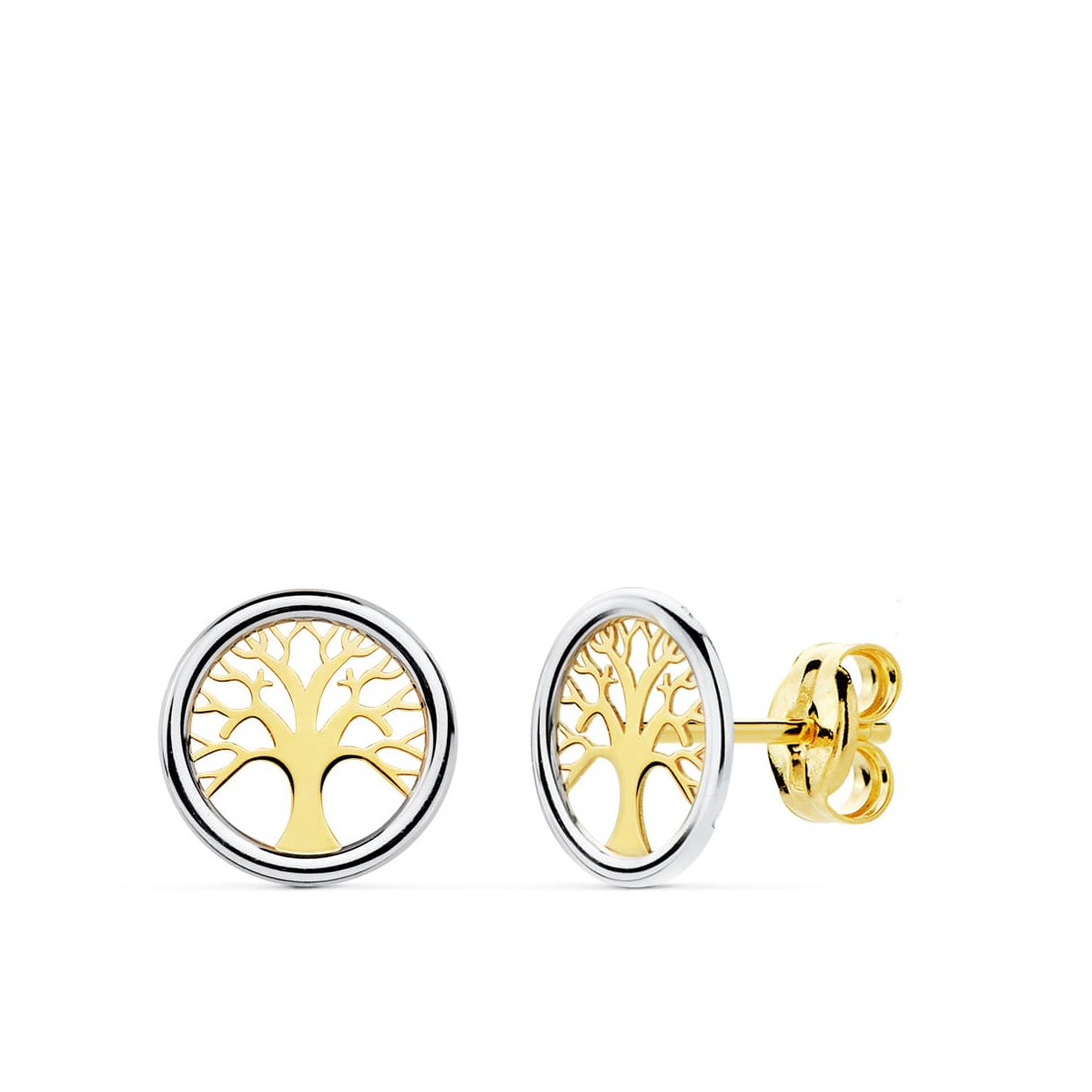 18K PENDIENTES ORO BICOLOR ARBOL DE LA VIDA 8 MM CIERRE PRESION 0
