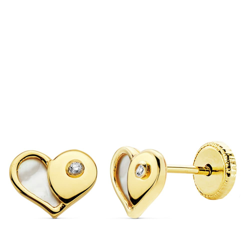 18K PENDIENTES ORO AMARILLO CORAZON NACAR 7X5.5 MM CIERRE TUERCA 0