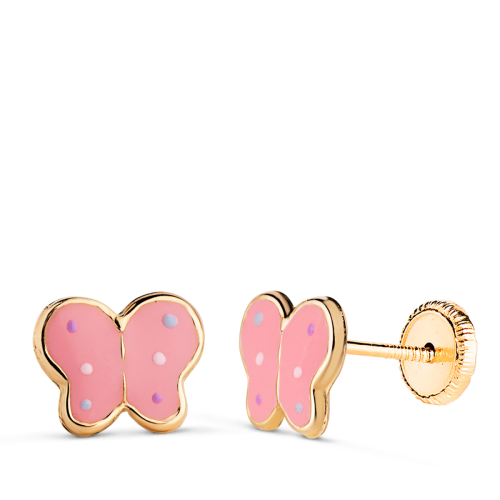 18K PENDIENTES ORO AMARILLO MARIPOSAS ESMALTE ROSA. MEDIDA: 8 X 6