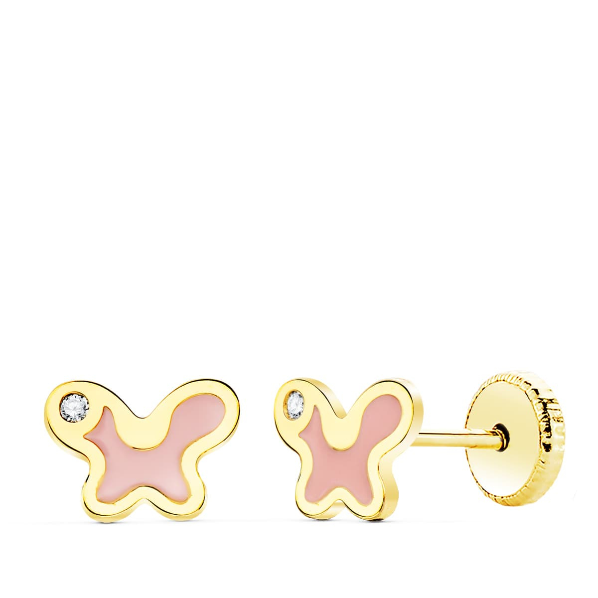18K PENDIENTES ORO AMARILLO MARIPOSA ESMALTE ROSA 7X5 MM CIERRE TUERCA 0