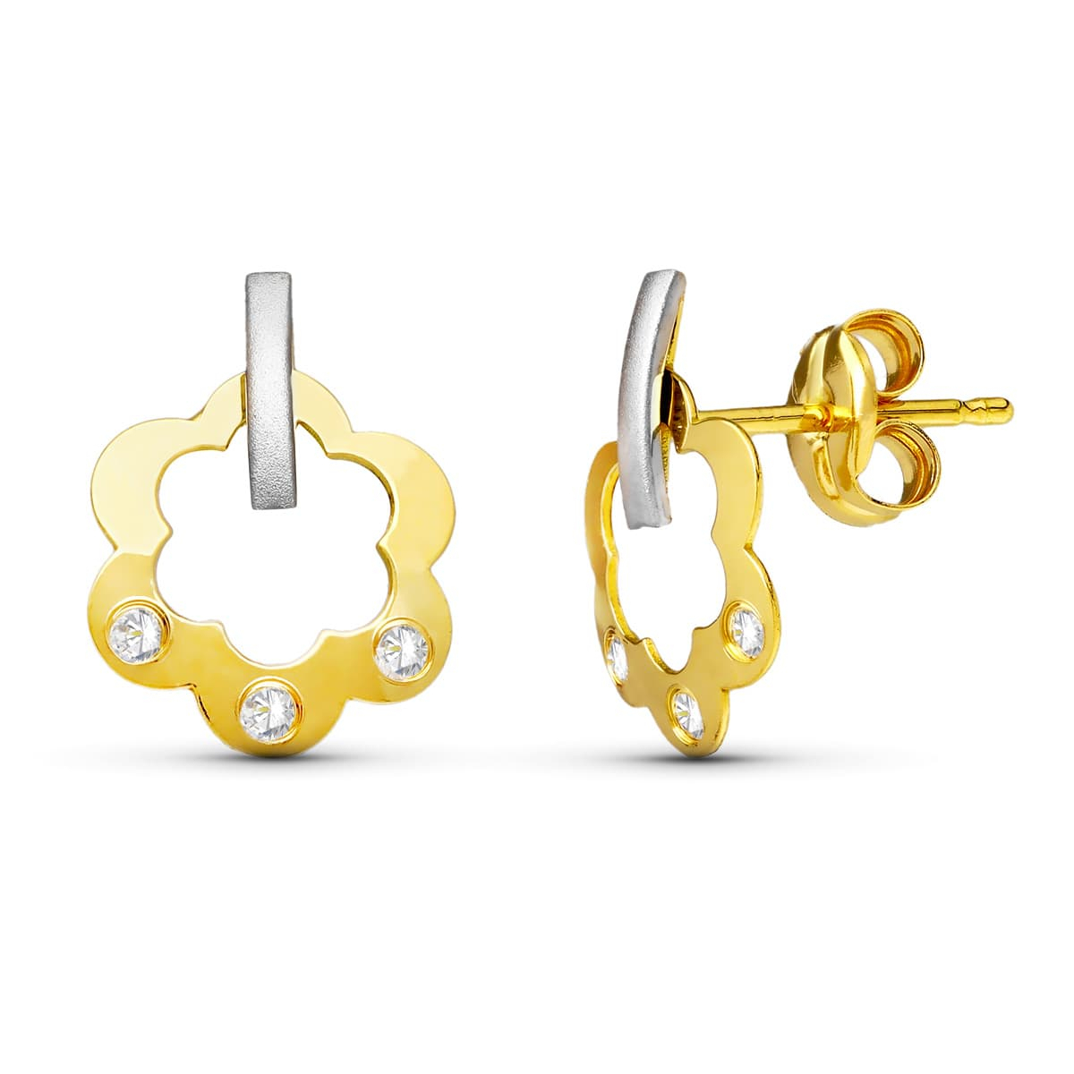 18K PENDIENTES ORO BICOLOR FLOR 11X8 MM PRESION 0