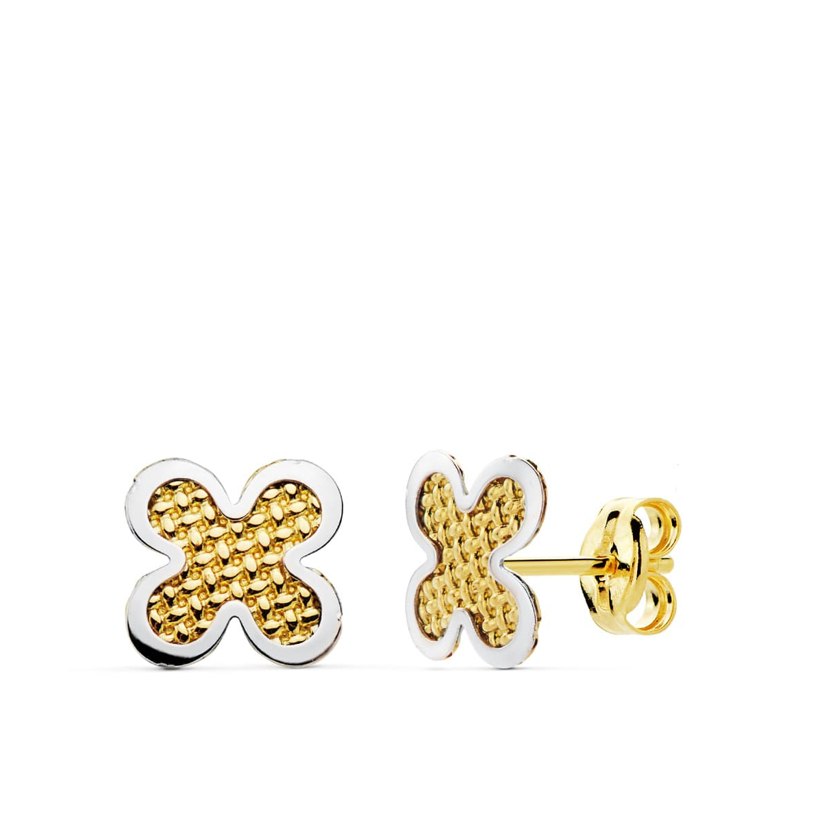 18K PENDIENTES ORO BICOLOR TREBOL 7X7 MM CIERRE PRESION 0