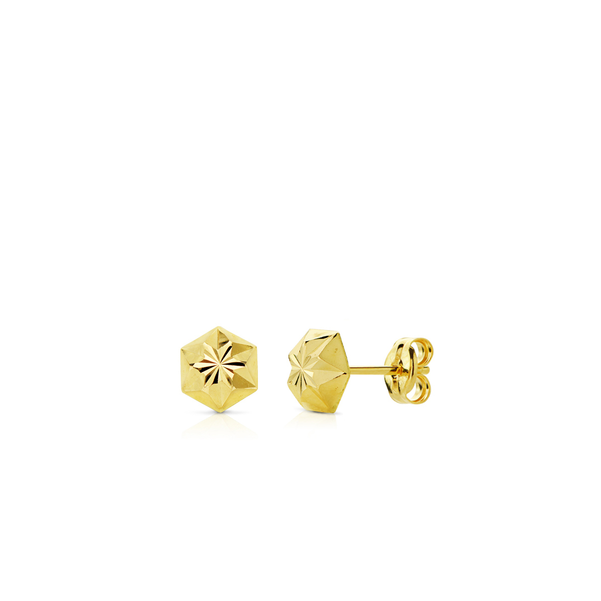 18K PENDIENTES ORO AMARILLO CLAVO ESTRELLA TALLADOS 6MM CIERRE PRESION 0