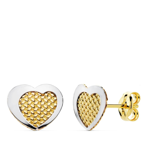 18K PENDIENTES ORO BICOLOR CORAZON 9X7 MM CIERRE PRESION 0