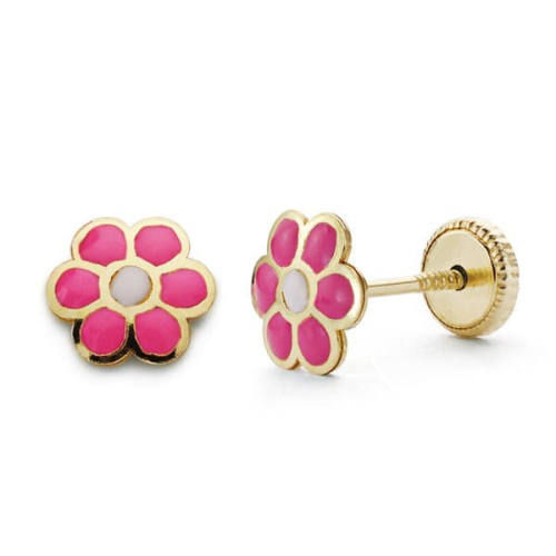 18K PENDIENTES ORO AMARILLO MARGARITA ROSA 6X6 MM CIERRE TUERCA 0