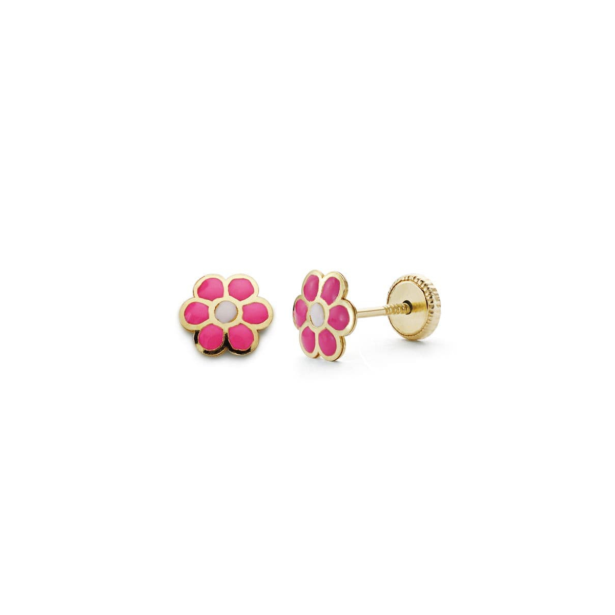 18K PENDIENTES ORO AMARILLO MARGARITA ROSA 6X6 MM CIERRE TUERCA 0