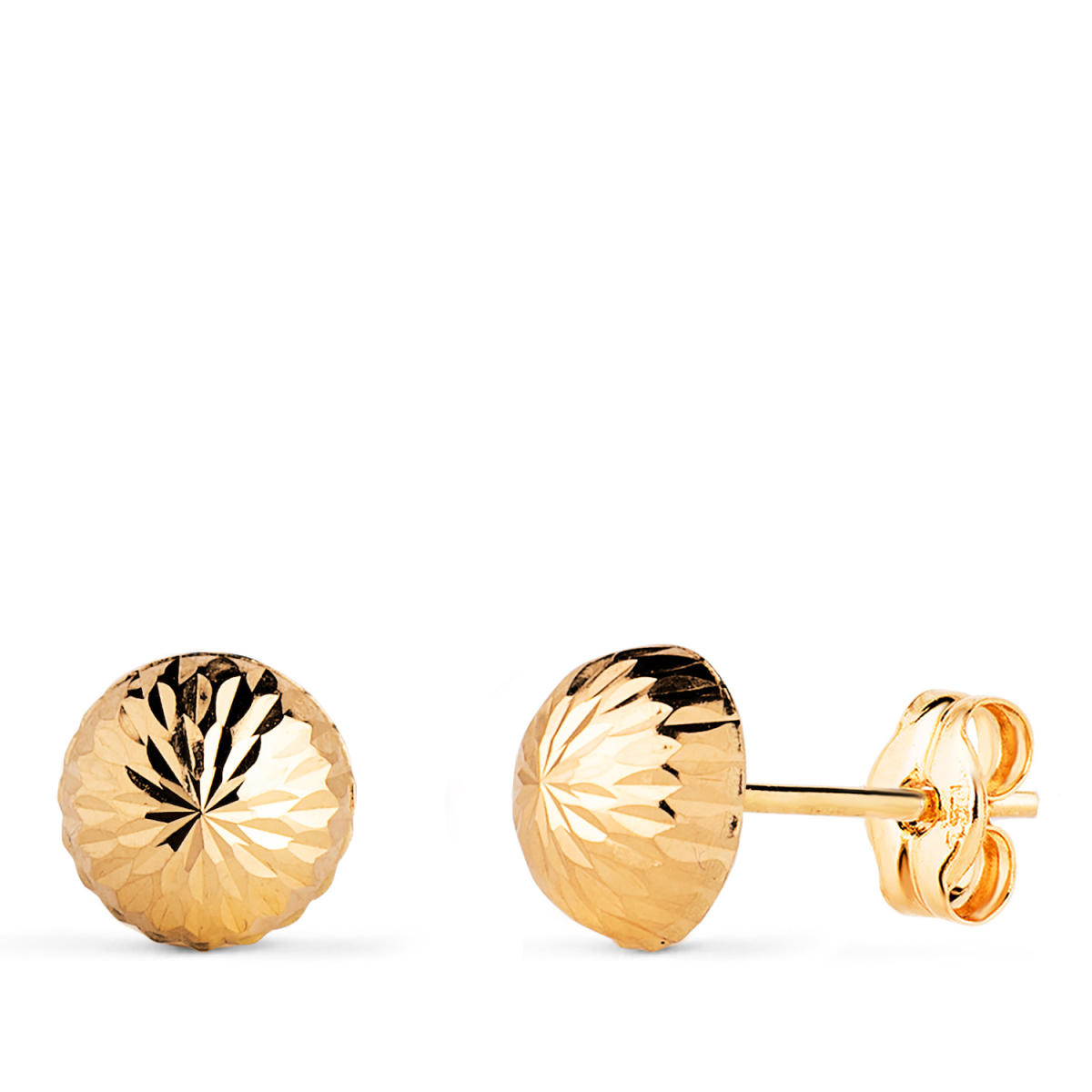 18K PENDIENTES ORO AMARILLO MEDIA BOLA TALLADA HUECA. ANCHO: 7 MM. CIERRE PRESION 0