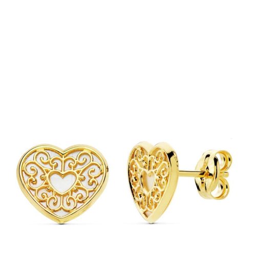 18K PENDIENTES ORO AMARILLO CORAZON NACAR 9X8 MM CIERRE PRESION 0