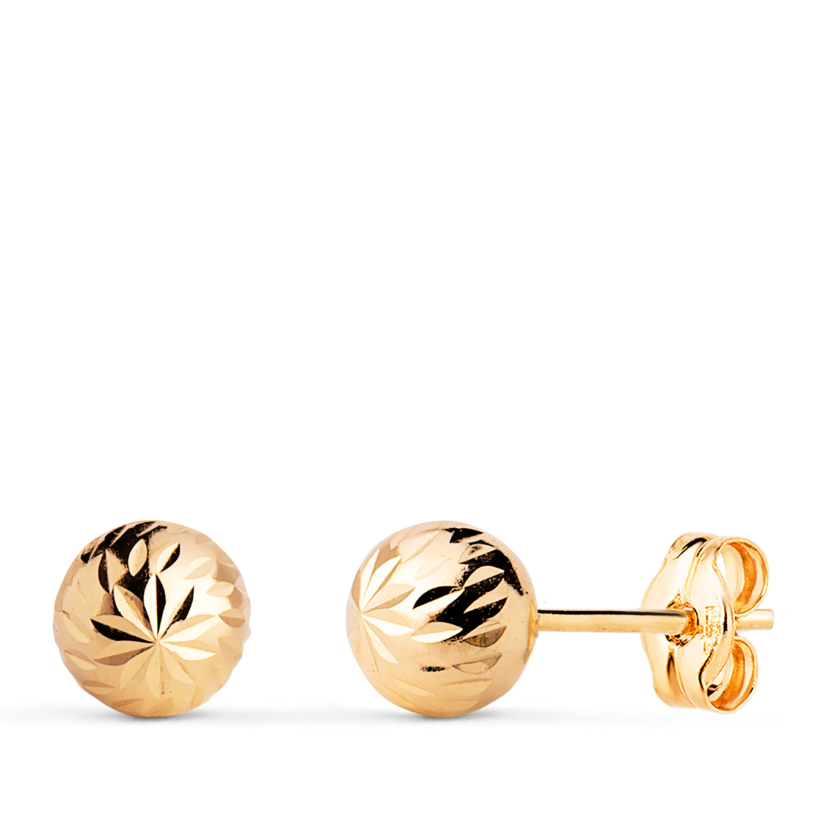 18K PENDIENTES ORO AMARILLO BOLA TALLADA HUECA. ANCHO: 6 MM. CIERRE PRESION 0