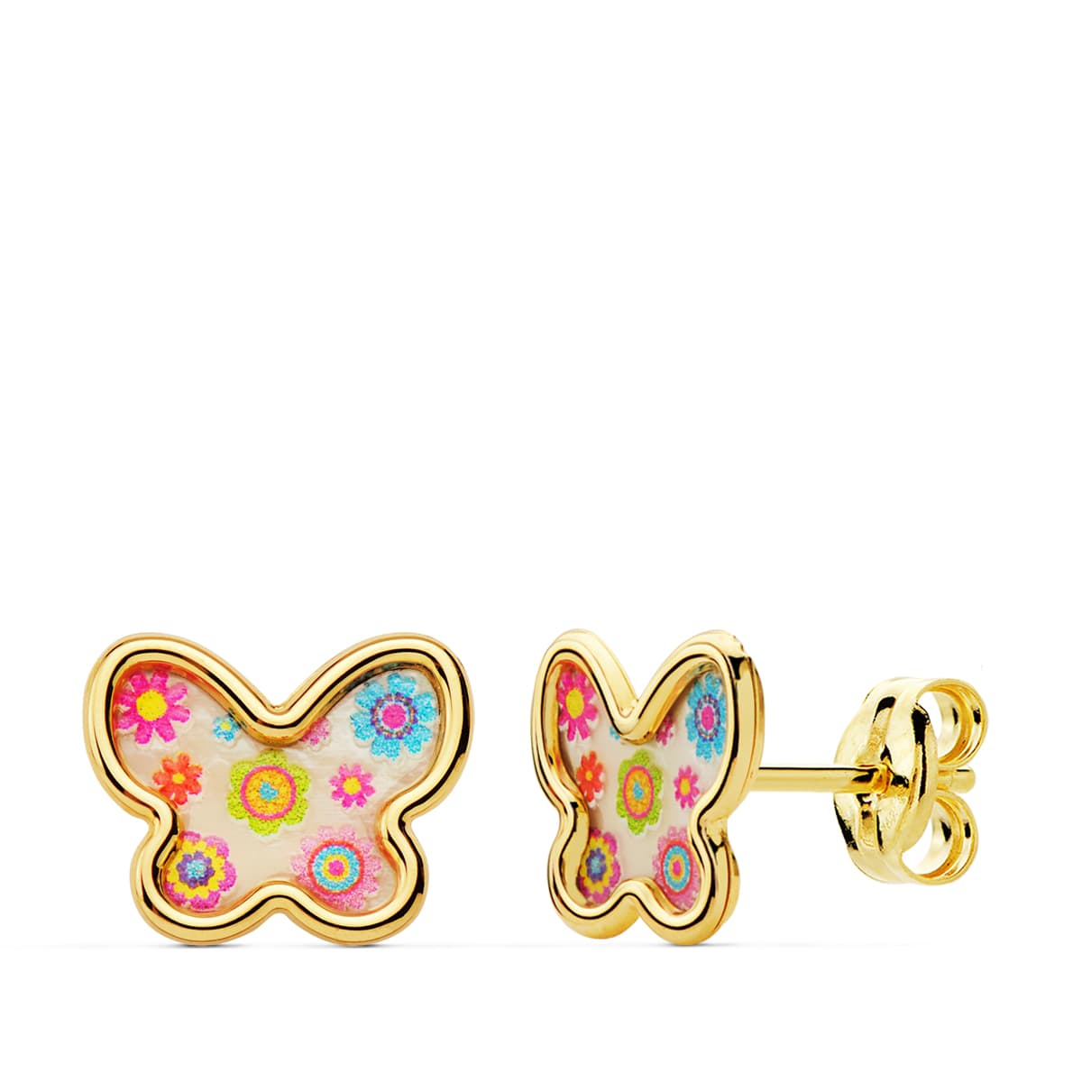 18K PENDIENTES ORO AMARILLO MARIPOSAS NACAR COLORES. 9X7 MM CIERRE PRESION 0