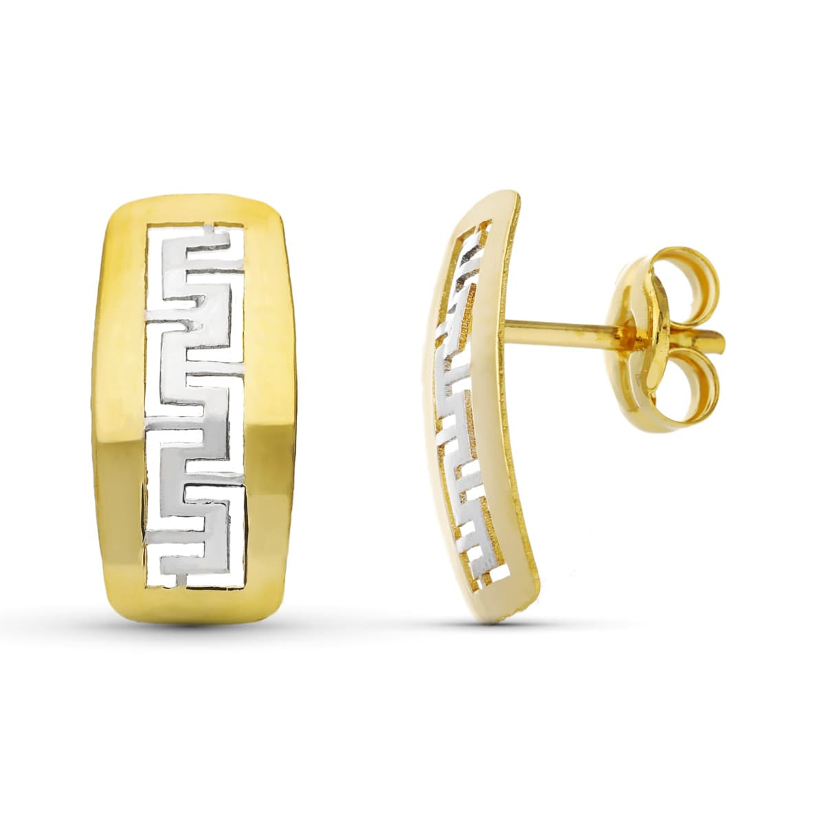 18K PENDIENTES ORO BICOLOR GRECA BRILLO 11X5.5 MM CIERRE PRESION 0