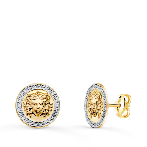 18K PENDIENTES ORO BICOLOR MEDUSA Y BORDE DE GRECA 10 MM CIERRE PRESION 0