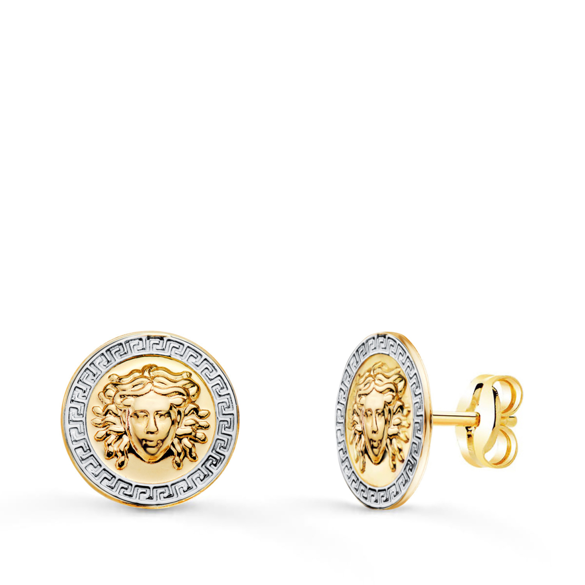 18K PENDIENTES ORO BICOLOR MEDUSA Y BORDE DE GRECA 10 MM CIERRE PRESION 0