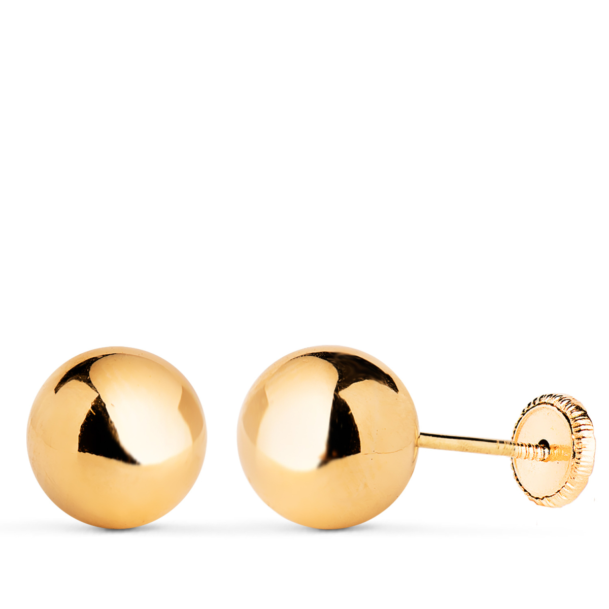 18K PENDIENTES ORO AMARILLO BOLA LISA BRILLA HUECA. ANCHO: 8 MM. CIERRE TUERCA 0