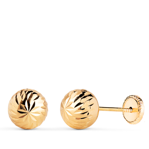 18K PENDIENTES ORO AMARILLO BOLA TALLADA HUECA. ANCHO: 7 MM. CIERRE TUERCA 0