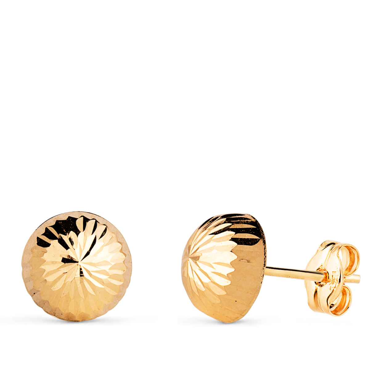 18K PENDIENTES ORO AMARILLO MEDIA BOLA TALLADA HUECA. ANCHO: 8 MM. CIERRE PRESION 0