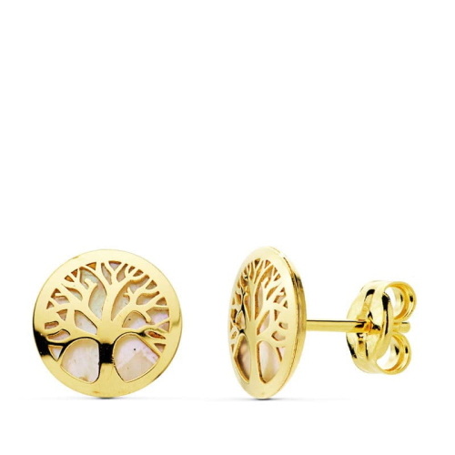 18K PENDIENTES ARBOL DE LA VIDA ORO AMARILLO 8 MM NACAR CIERRE PRESION 0