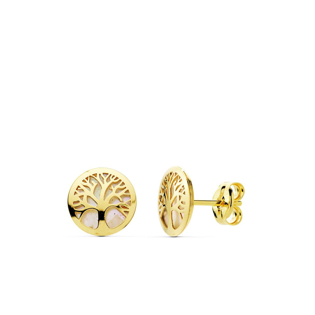 18K PENDIENTES ARBOL DE LA VIDA ORO AMARILLO 8 MM NACAR CIERRE PRESION 0