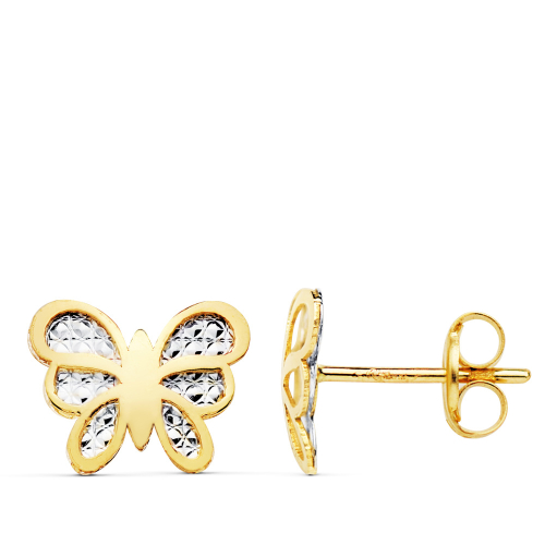 18K PENDIENTES MARIPOSA BICOLOR 10X8 MM CIERRE CIERRE PRESION 0