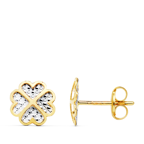 18K PENDIENTES TREBOL ORO BICOLOR 8X8 MM CIERRE PRESION 0