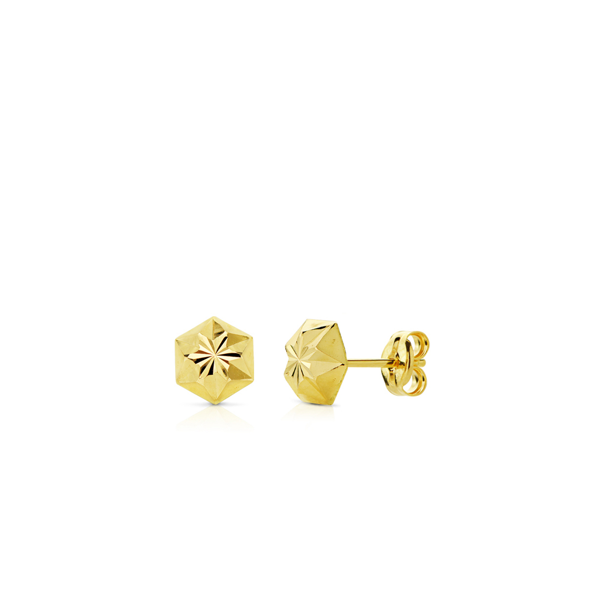 18K PENDIENTES ORO AMARILLO CLAVO ESTRELLA TALLADOS 8MM CIERRE PRESION 0