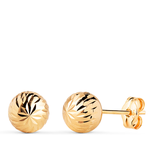 18K PENDIENTES ORO AMARILLO BOLA TALLADA HUECA. ANCHO: 7 MM. CIERRE PRESION 0