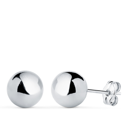 18K PENDIENTES ORO BLANCO BOLA LISA BRILLA HUECA. ANCHO: 8 MM. CIERRE PRESION 0