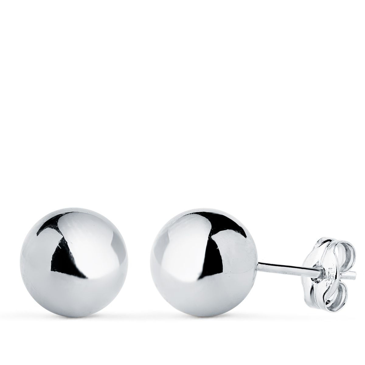 18K PENDIENTES ORO BLANCO BOLA LISA BRILLA HUECA. ANCHO: 8 MM. CIERRE PRESION 0