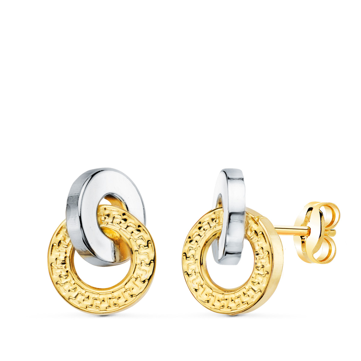 18K PENDIENTES ORO BICOLOR DOBLE ARO LISO Y GRECA 10 X 7 MM. CIERRE PRESION 0