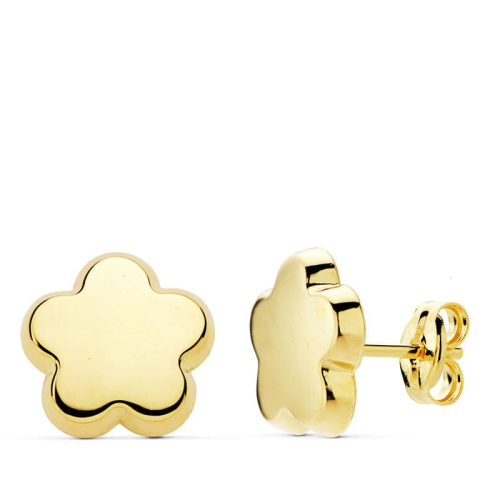 18K PENDIENTES ORO AMARILLO FLOR LISA 10X10 MM CIERRE PRESION 0