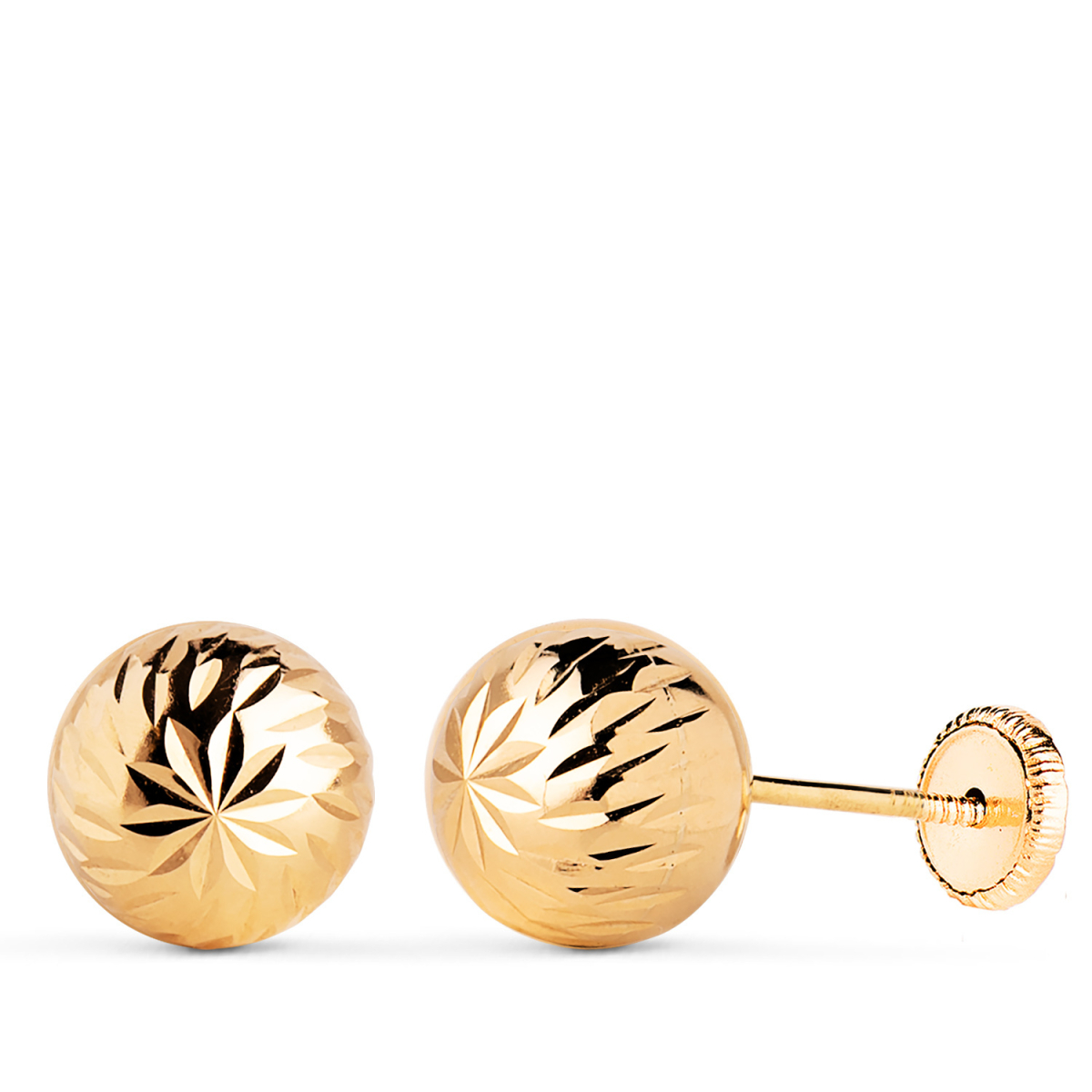18K PENDIENTES ORO AMARILLO BOLA TALLADA HUECA. ANCHO: 8 MM. CIERRE TUERCA 0