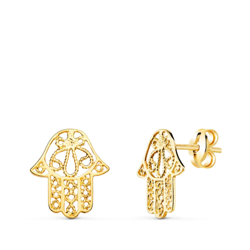 18K PENDIENTES ORO AMARILLO MANO DE FATIMA CALADA PRESION 12 X 11 MM 1
