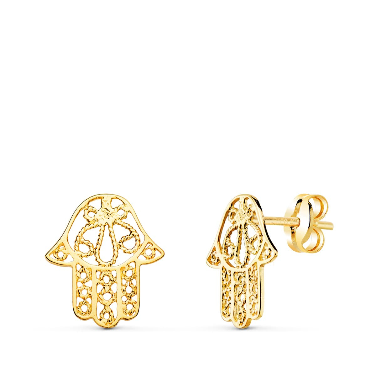 18K PENDIENTES ORO AMARILLO MANO DE FATIMA CALADA PRESION 12 X 11 MM 1