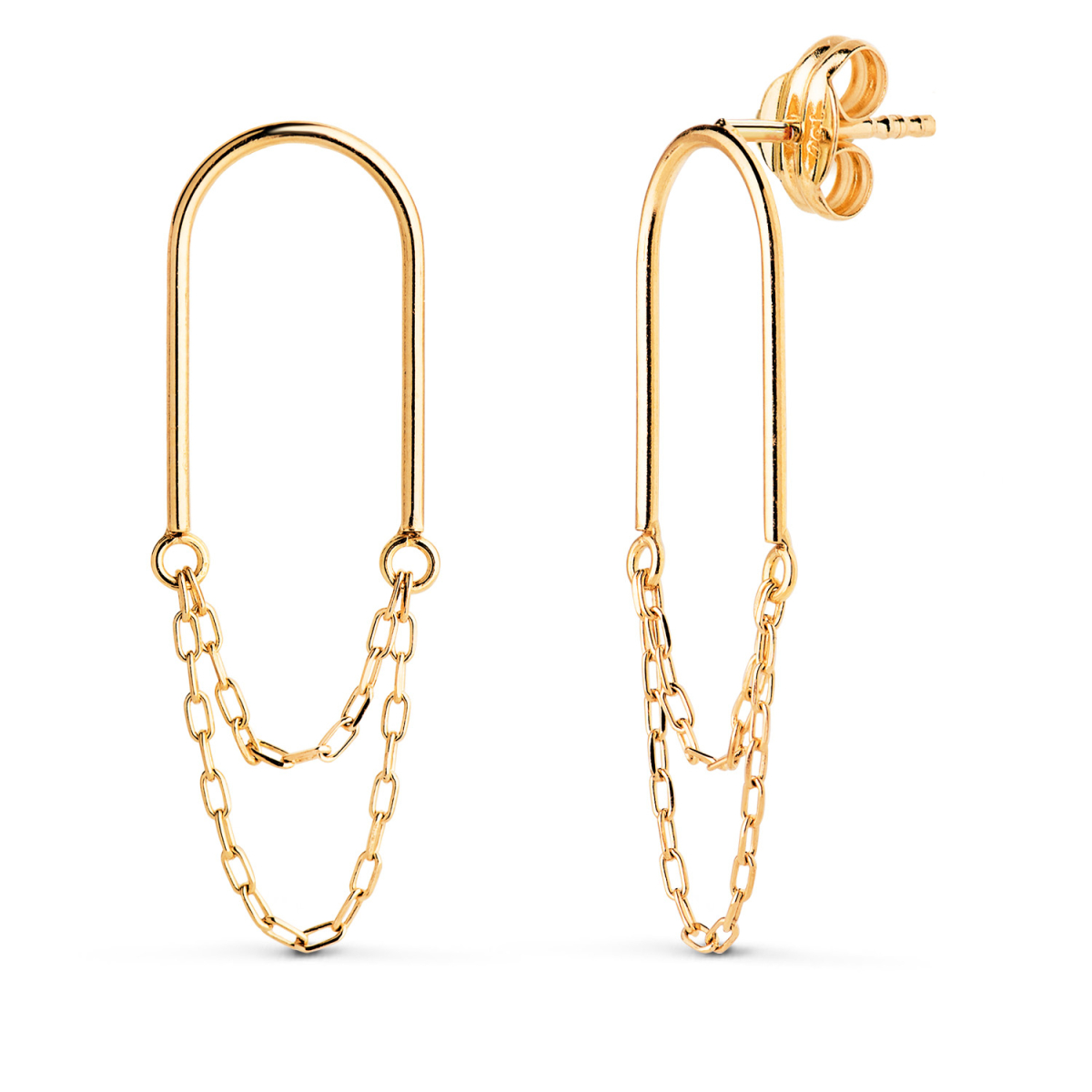 18K PENDIENTES ORO AMARILLO ARCO CON DOBLE CADENA. MEDIDA: 26 X 8 MM. CIERRE PRESION 0