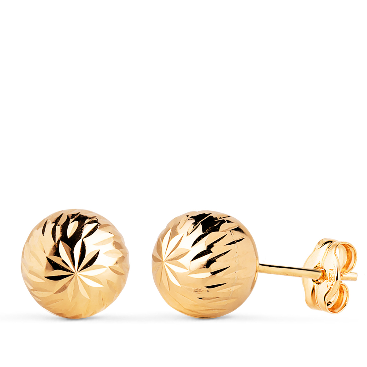 18K PENDIENTES ORO AMARILLO BOLA TALLADA HUECA. ANCHO: 8 MM. CIERRE PRESION 1