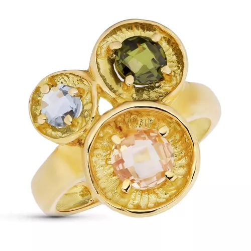 18K SORTIJA ORO AMARILLO TRES MOTIVOS REDONDOS CON CIRCONITAS COLORES. ANCHO: 17
