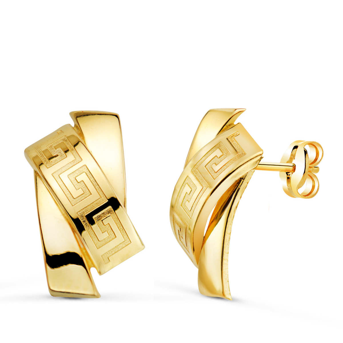 18K PENDIENTES ORO AMARILLO BANDAS CON GRECA. 16 X 8.5 MM. CIERRE PRESION 1