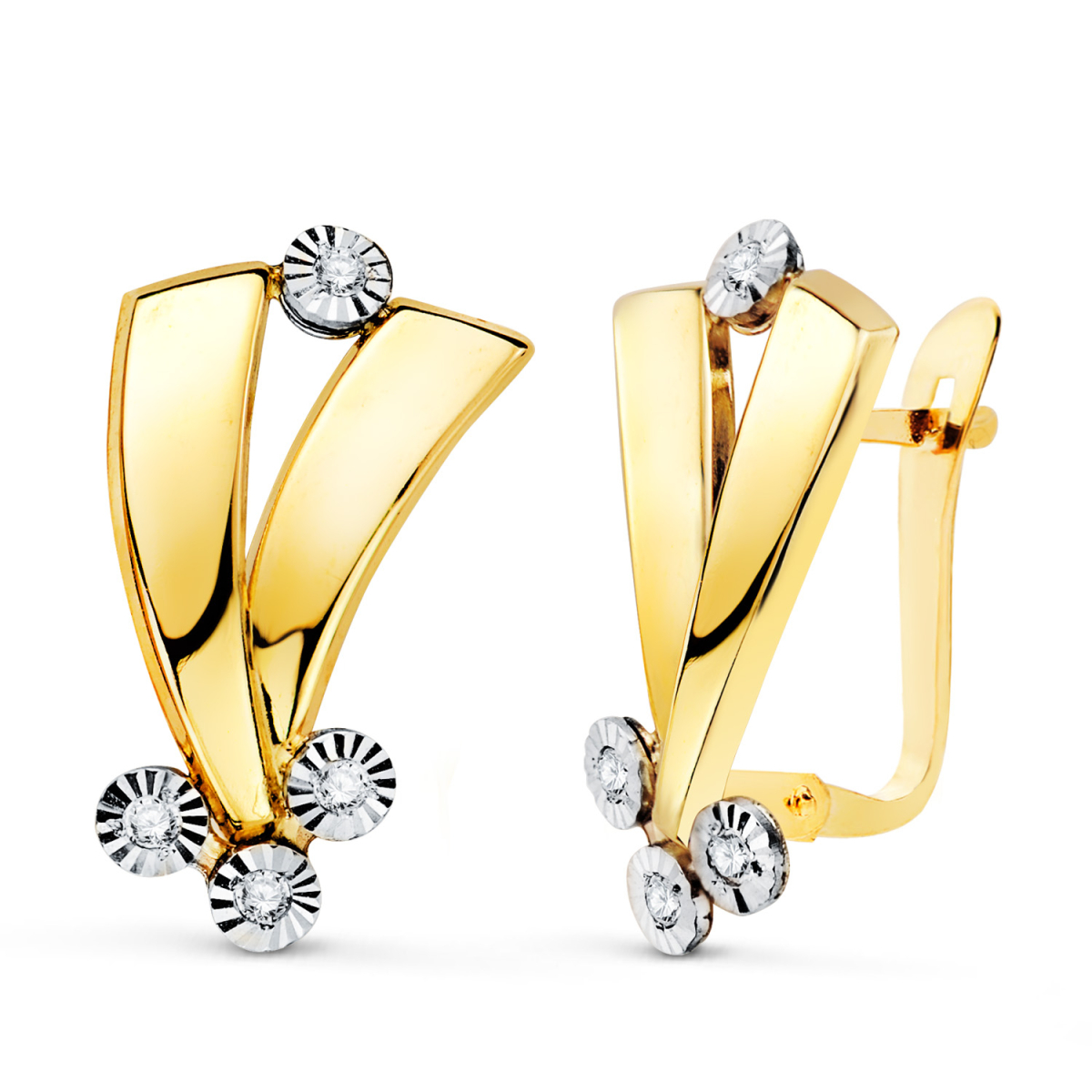 18K PENDIENTES ORO BICOLOR BANDAS Y MOTIVOS REDONDOS TALLADOS. 16