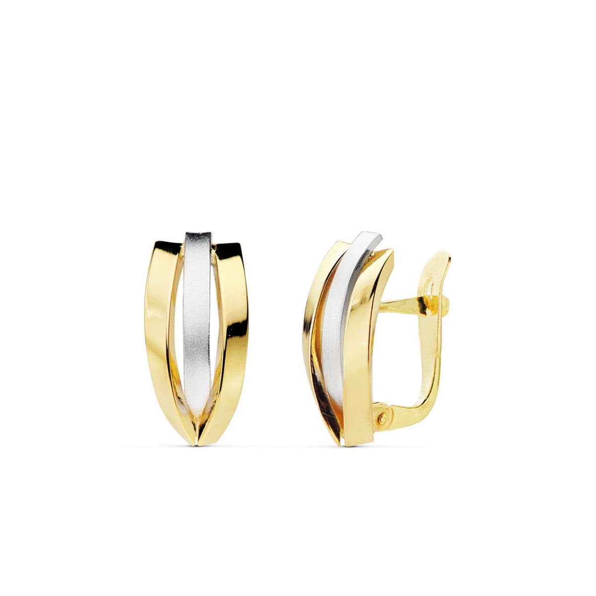 18K PENDIENTES ORO BICOLOR BANDAS 16X7 MM CIERRE CATALAN 1