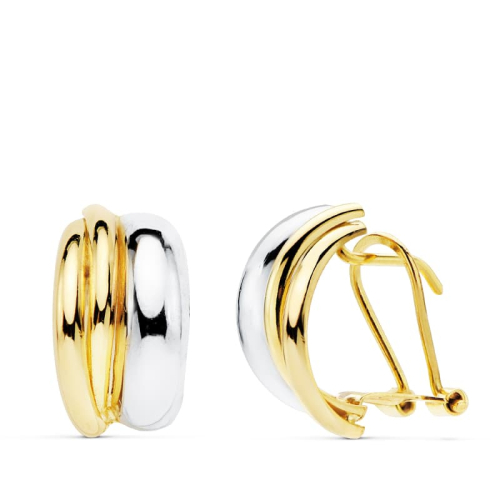 18K PENDIENTES ORO BICOLOR BANDAS 14X8 MM CIERRE OMEGA 2