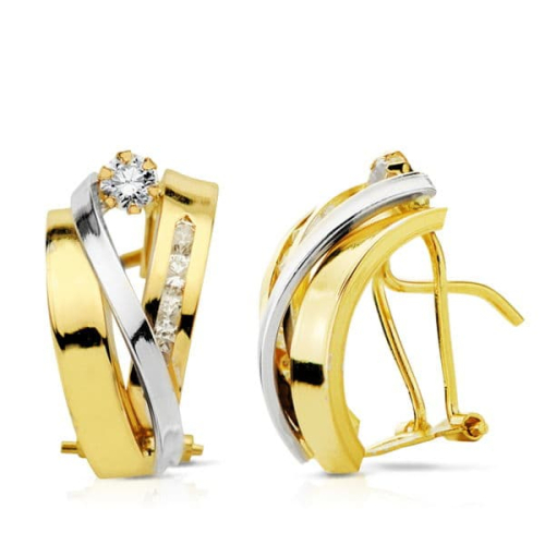 18K PENDIENTES ORO BICOLOR BANDAS 17X9 MM CIERRE OMEGA 2