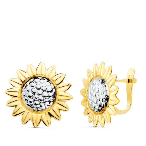 18K PENDIENTES ORO BICOLOR GIRASOL BRILLO 18 MM CIERRE CATALAN 2