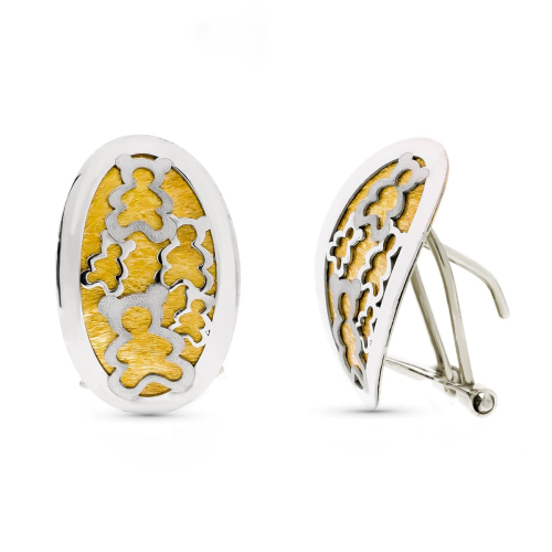 18K PENDIENTES ORO BICOLOR OSO MATE Y BRILLO CIERRE OMEGA 2