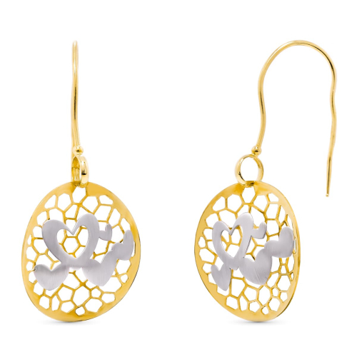 18K PENDIENTES LARGOS BICOLOR CORAZONES CALADOS 40X19 MM CIERRE GANCHO 2