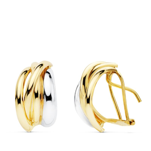 18K PENDIENTES ORO BICOLOR BANDAS 14X8 MM CIERRE OMEGA 2