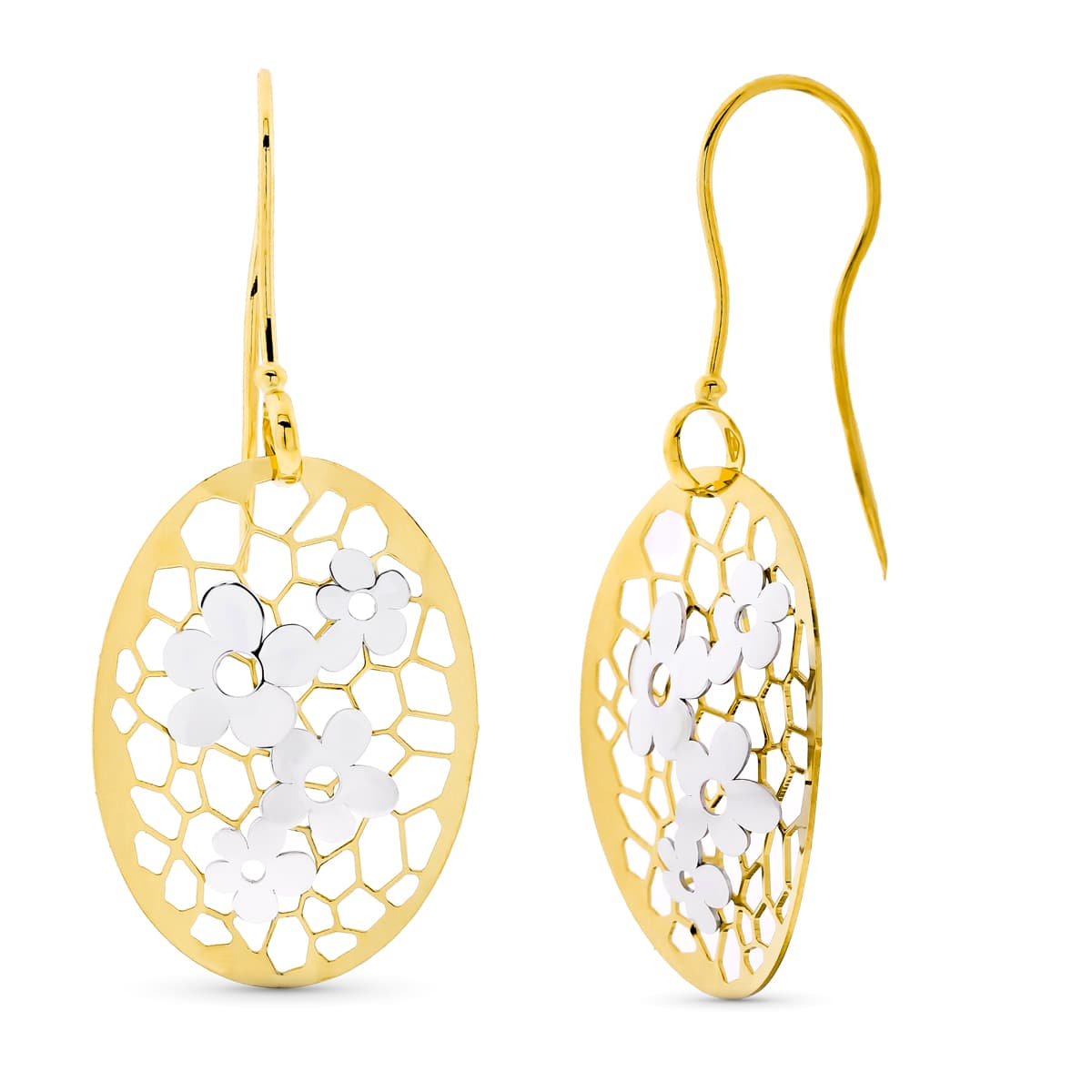 18K PENDIENTES ORO BICOLOR LARGOS FLOR CIERRE GANCHO 2