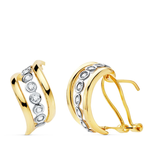 18K PENDIENTES ORO BICOLOR BANDAS 17X8 MM CIERRE OMEGA 3