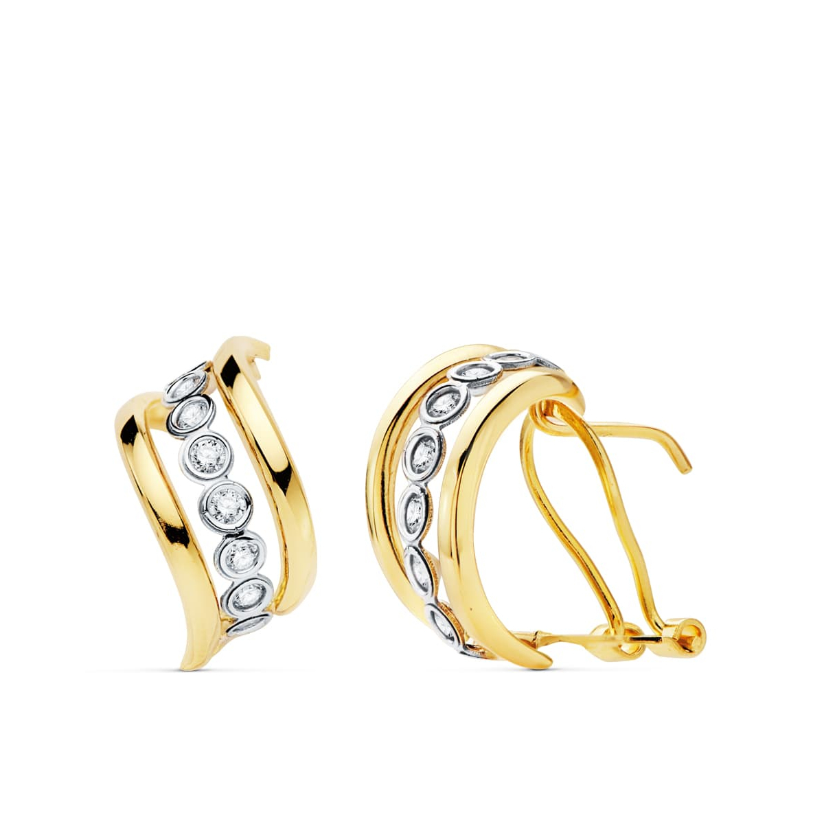 18K PENDIENTES ORO BICOLOR BANDAS 17X8 MM CIERRE OMEGA 3