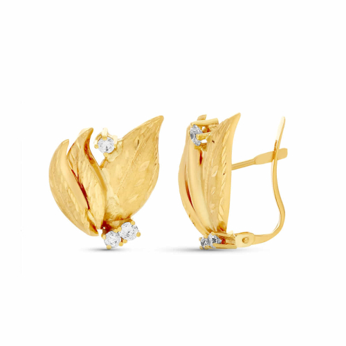 18K PENDIENTES ORO AMARILLO HOJAS LAPIDADAS. 19X15 MM CIERRE CATALAN 2
