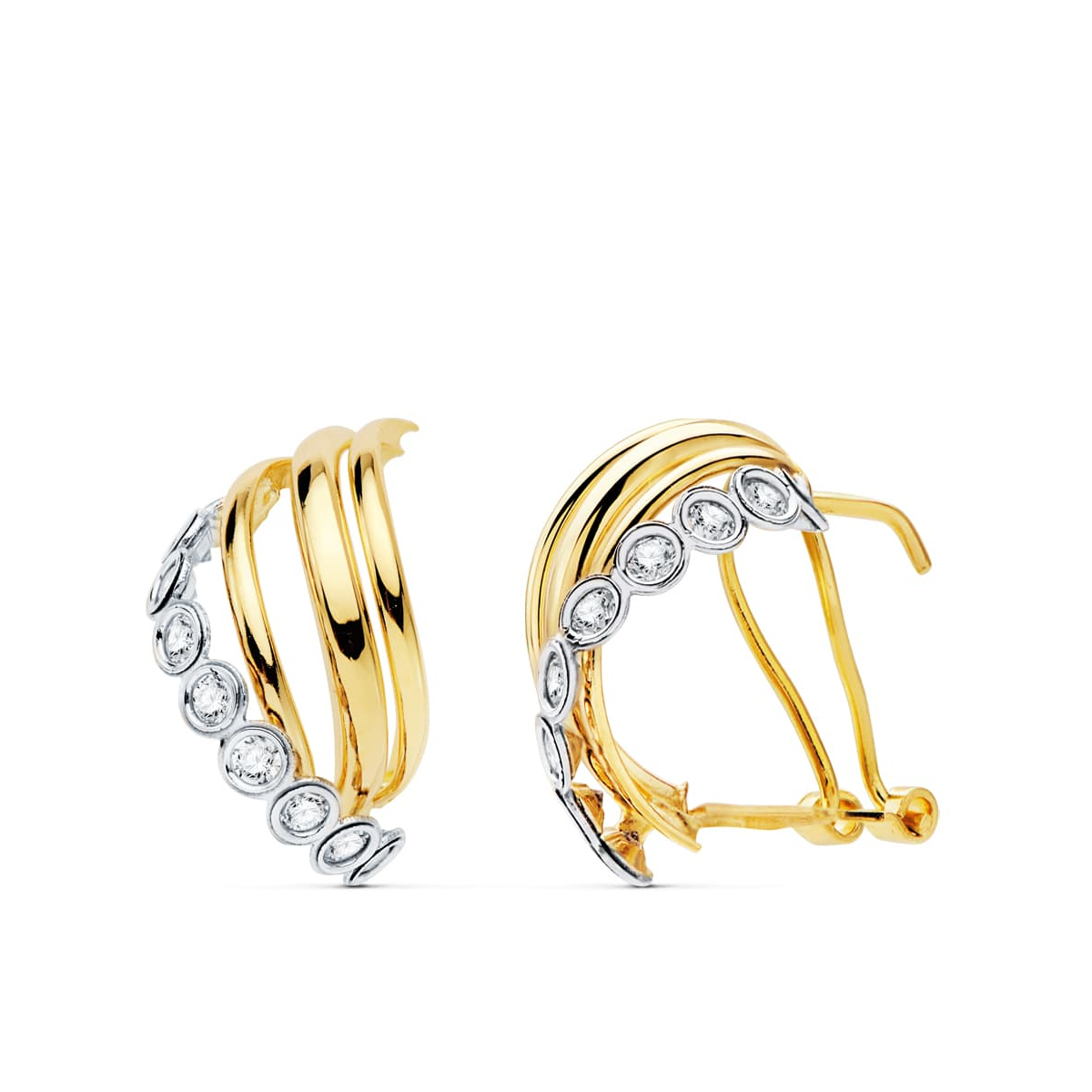 18K PENDIENTES ORO BICOLOR BANDAS 18X10 MM CIERRE OMEGA 3